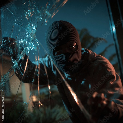 A masked figure breaks into a house at night.