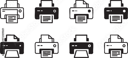 Printer icon set with print document and office device symbols