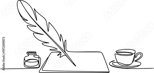 Minimalist single line of quill pen inkwell paper and coffee cup white background