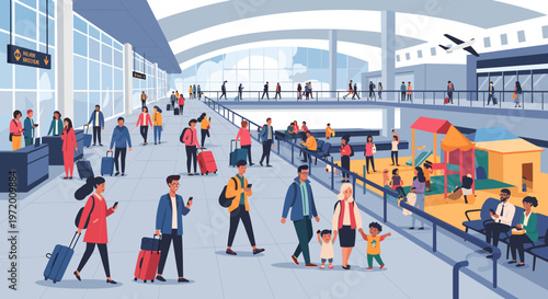 A busy, modern airport terminal filled with diverse travelers, families, and a children's play area, showcasing the hustle and bustle of air travel.