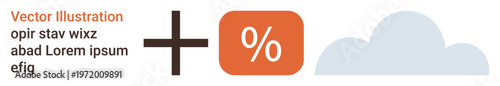 Data analysis, cloud storage, business tools, computing, finance, mathematical concepts. Plus sign and percentage symbol alongside a cloud shape. Data analysis and cloud storage conceptual theme