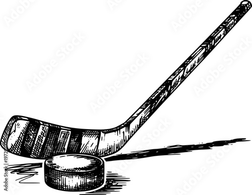 Hand Drawn of Hockey Stick and Puck White Background sport