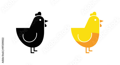 Chicken Icon Set: Black Silhouette and Yellow-Orange Cartoon