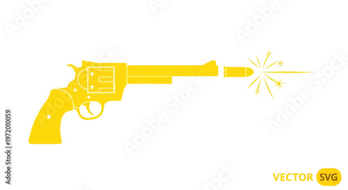 Golden Revolver Firing Bullet, Isolated on White Background, Vector Illustration