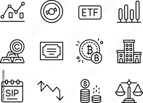 Finance and Investment Line Icons Set ETF SIP Cryptocurrency Chart Balance Money Outline Vector Collection for UI UX Web and App Design