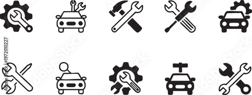 Car repair icon set with auto service and mechanic tool symbols
