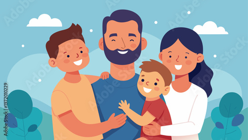 A family of four standing together outdoors