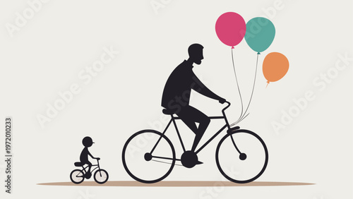 A man rides a bike with balloons tied to it while a child rides a smaller bike