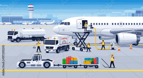 Detailed airport ground services with an airplane being prepared for departure, showing various vehicles and crew on the tarmac.