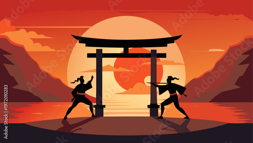 Two samurai standing in front of a japanese gate