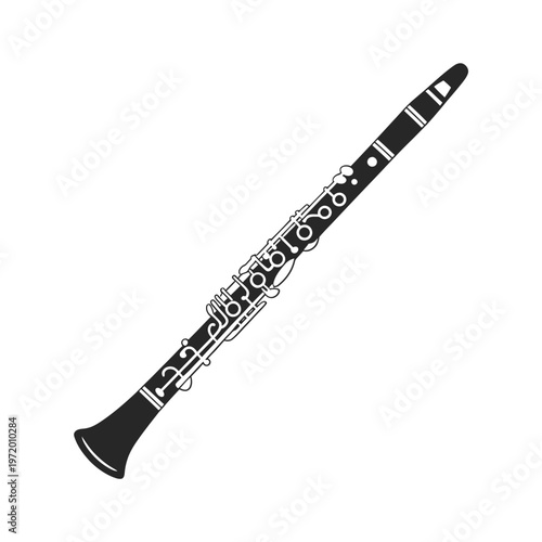 A black and white illustration depicting a wooden clarinet on white