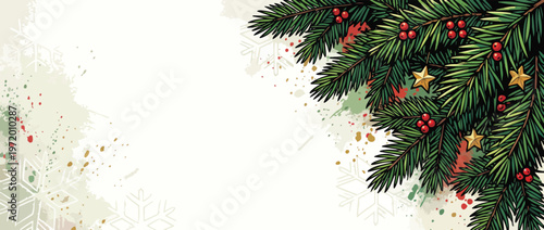 Christmas Pine Branches with Berries and Gold Stars Decoration
