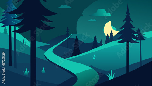 A serene forest landscape with a winding road and a full moon