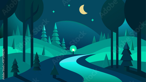 A winding road through a forest at night
