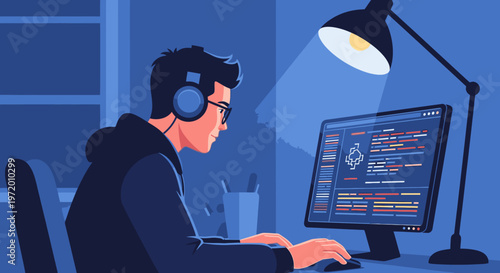 Young man wearing headphones and glasses coding on a computer in a dark room illuminated by a desk lamp