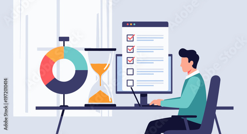 Man working at desk with computer, hourglass, and pie chart representing time management and productivity