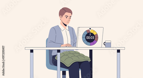 Young man working at desk with a laptop, using a heating pad for comfort while a timer counts down on his screen, indicating a short break.