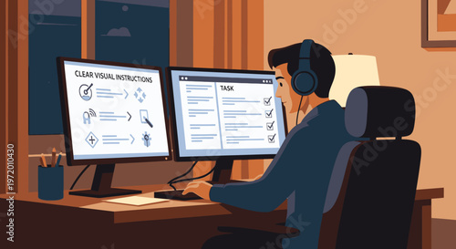 Man wearing headphones working on dual computer monitors in a home office at night, focused on tasks and instructions