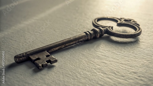 Close up of an antique ornate key lying on a textured surface. The key is made of metal and has a classic design