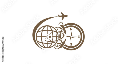 Travel and Aviation Logo Depicting Globe, Airplane, and Compass.