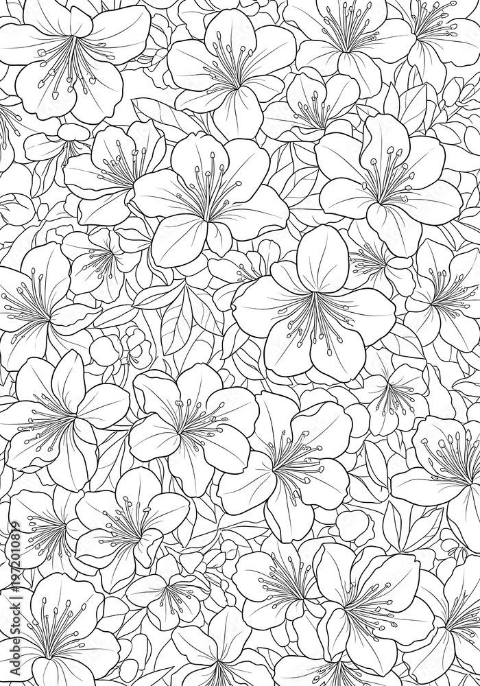Obraz premium Cherry blossom flowers dense floral pattern with leaves line art coloring page