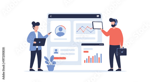 Two Business Professionals Analyzing Data on a Digital Interface.