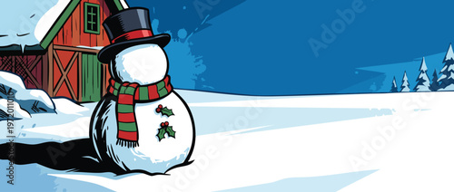 Christmas Snowman with Top Hat and Scarf Standing in Snowy Landscape