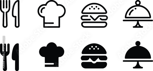 Fotografie Food and Restaurant Line Icons Set Fork Chef Hat Burger Serving Tray Catering Ou