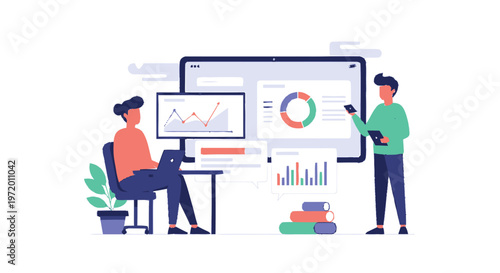 Two Business Professionals Analyzing Data on Digital Displays.