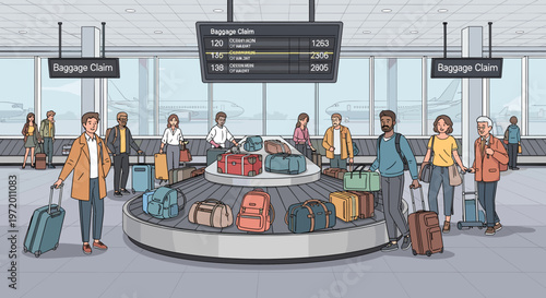 Diverse group of people waiting for and collecting their luggage at an airport baggage claim carousel.