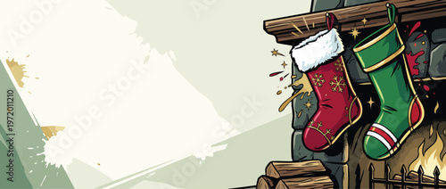 Christmas Stockings Hanging on a Mantelpiece with Festive Comic Bursts