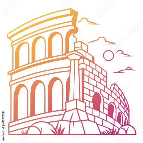 Colosseum amphitheater facade with broken arches and columns against sky with sun and clouds gradient colors symbolizing ancient history.