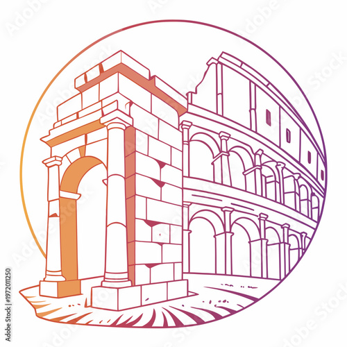 Ancient Roman amphitheater arches and stone ruins in circular outline with gradient colors symbolizing history and heritage with sky.