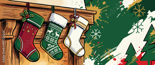 Christmas Stockings Hanging on Fireplace Mantel with Festive Decor