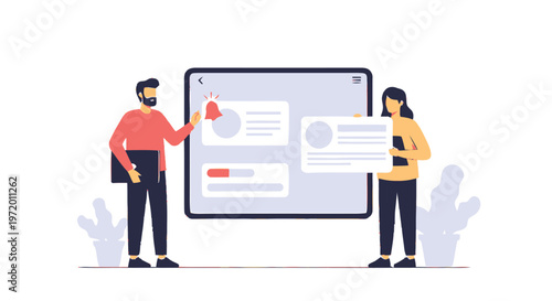 Two Business Professionals Reviewing Data on a Digital Tablet Screen.