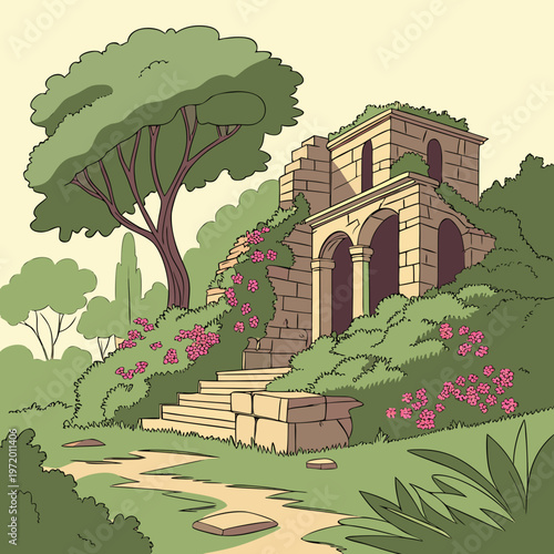 Stone building ruins on a lush hillside with steps, vines, flowering pink plants, and large trees in background.