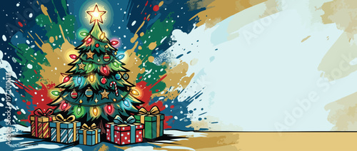 Christmas Tree with Gifts and Colorful Lights Holiday Background