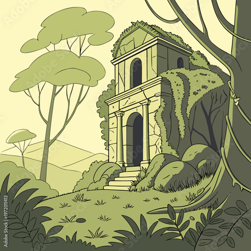 Ancient overgrown stone temple ruins on lush green hill with jungle vines and large trees in serene landscape.
