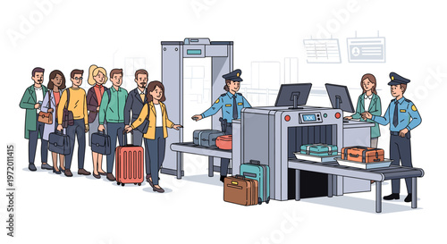People queuing at an airport security checkpoint with luggage being scanned by security personnel.