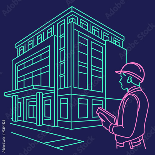 Male construction inspector in hard hat holding digital tablet while looking at modern office building structure with neon line art on dark blue.