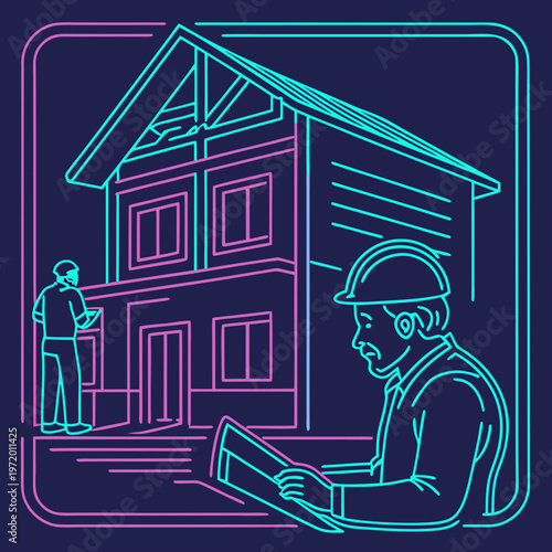 Construction worker engineer professional man blueprint plans new residential house building project site wearing hard hat safety equipment.