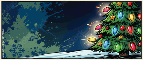 Christmas Tree with Glowing Lights on Snow with Abstract Background