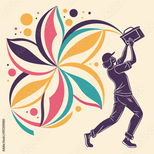 Man pouring color from bucket creating vibrant abstract floral design, illustration symbolizing creativity, imagination, and artistic expression.