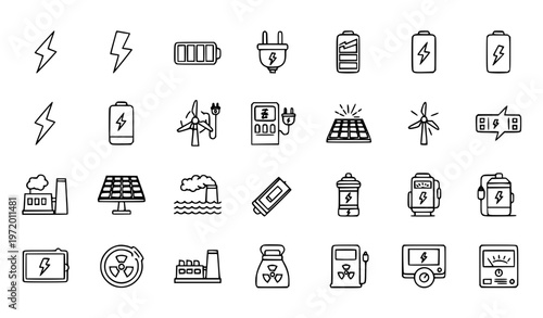 Energy outline icon set with editable stroke electricity renewable power and battery symbols vector collection