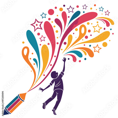 Child reaching towards colorful splashes emanating from a giant pencil, symbolizing creativity, artistic expression, and imagination.
