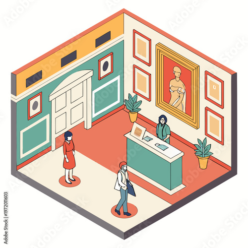 Museum reception area with visitors interacting with staff, large framed painting on wall, plants and information desk adding welcoming atmosphere.