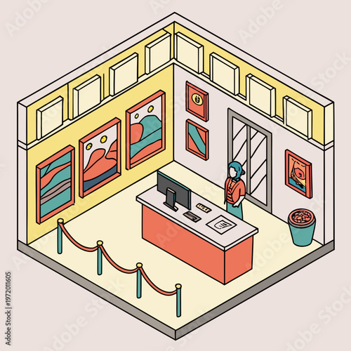 Art gallery counter area with attendant, paintings on wall, exhibition ropes, visitor navigating space, modern office technology for managing shows.