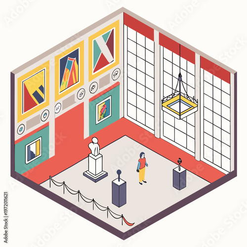 Art exhibition hall with abstract paintings and sculptures, visitors appreciating art, grand windows and unique chandelier enhancing ambiance.