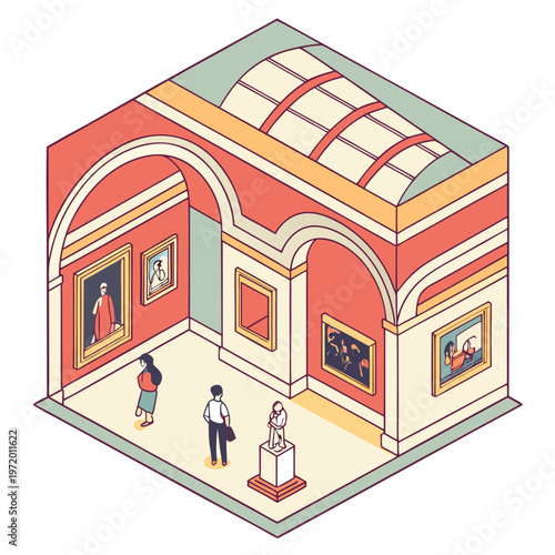 Isometric high ceiling art gallery with glass skylight and red arched walls featuring diverse paintings and small white statue on square pedestal.
