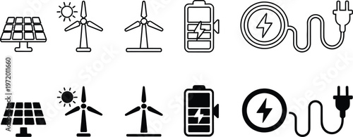 Renewable Energy and EV Charging Line Icons Set, Solar Panel, Wind Turbine, Electric Car Charging, Battery, Plug, Clean Power Outline Vector Pack for UI UX